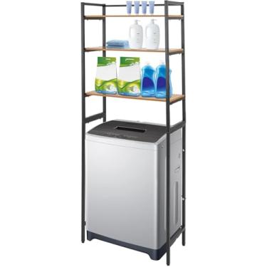 Imagem de Organizador de lavanderia, prateleira de 3 camadas, prateleiras para lavadora e secadora de roupas, altura ajustável, prateleira de armário, 69 cm (C) x 30 cm (L) x 181 cm (A) (preto, madeira
