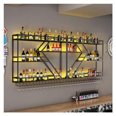 Imagem de Prateleiras de bar de metal montadas na parede prateleira de exibição de garrafa de licor com suporte de vinho prateleira de vidro bar prateleiras flutuantes armário de bar para café, cozinha, sala de