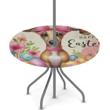 Imagem de hongjinglin Toalha de mesa de Páscoa para uso ao ar livre com orifício para guarda-chuva, toalha de mesa redonda elástica com zíper, impermeável, limpável, para piquenique, festa, pátio, serve para