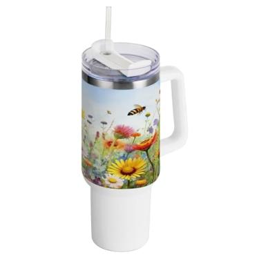 Imagem de xigua Copo vintage de flores silvestres de 1,134 g com alça e canudo, aço inoxidável duplo isolado a vácuo garrafa de água suporte de copo de garrafa de água amigável à prova de vazamento copo de