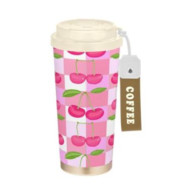 Imagem de SEHANY Caneca de viagem de cereja fofa de 482 g Copos de café reutilizáveis revestidos de cerâmica com tampa à prova de vazamento, parede dupla, isolamento a vácuo, copo de café de aço inoxidável para