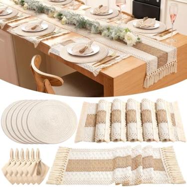 Imagem de Gandeer Conjunto de 6 conjuntos de tapetes boêmios redondos de tecido, guardanapos de pano, anéis de guardanapo de contas de madeira, caminho de mesa branco com borla e jogo americano rústico de casa