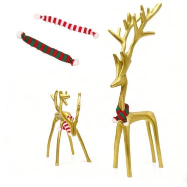 Imagem de Conjunto de 2 decorações de Natal douradas, estátuas de rena, modernas estatuetas de Natal de liga de alumínio, elegantes enfeites de mesa de Natal para lareira de cornija, sala de estar, quarto
