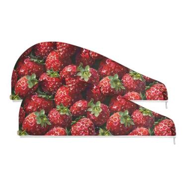 Imagem de SEHANY Toalha de cabelo de microfibra de morangos rosa aquarela para mulheres, 2 peças, turbantes de cabelo de secagem rápida com botão, touca de cabelo seco absorvente toalha de secagem de cabelo