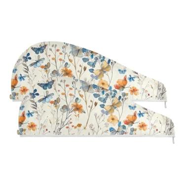 Imagem de SEHANY Toalha de cabelo de microfibra de flores coloridas elegantes para mulheres, 2 peças, turbantes de cabelo de secagem rápida com botão, touca de cabelo seco absorvente toalha de secagem de cabelo