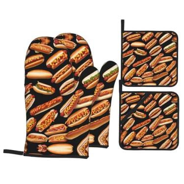 Imagem de Fun Food Hot Dogs - Conjunto de luvas de cozinha estampadas com suportes de tampa, luvas de forno resistentes ao calor para lidar com panelas quentes, grelhar, churrascos, kit de 4 peças.