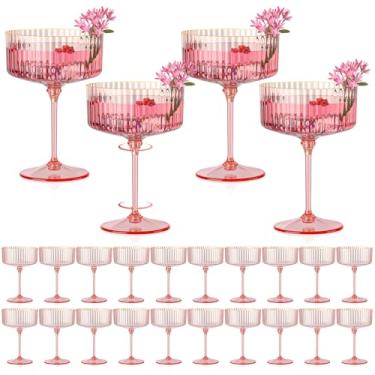 Imagem de HKSZEH 24 peças de copos de cupê com nervuras de plástico rosa champanhe copo cupê de champanhe 283 g com borda dourada destacável copo de martini expresso vintage vidro de coquetel para festa de