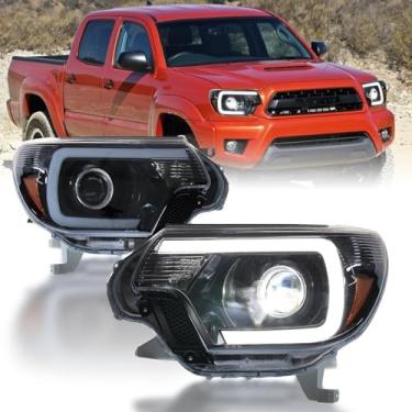 Imagem de JOLUNG Conjunto de faróis compatível com Tacoma 2011-2014, farol de atualização com barra de luz branca, lente de luz dupla, caixa galvanizada, faróis de cabeça, 1 par