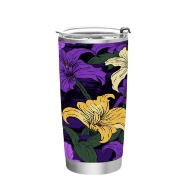 Imagem de Wassud Copo de flores em fundo preto de 340 g com tampa e canudo de aço inoxidável de parede dupla copo isolado para viagem caneca de café para bebidas frias e quentes