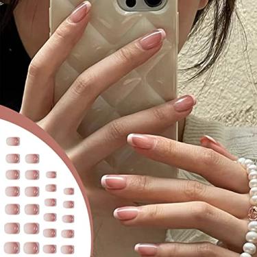 Imagem de 24 peças de unhas curtas com ponta francesa, gradiente, translúcido, pregos, nude, gradiente, glitter, unhas falsas, bailarina, acrílico, unhas postiças, cola, para mulheres, meninas, arte em unhas
