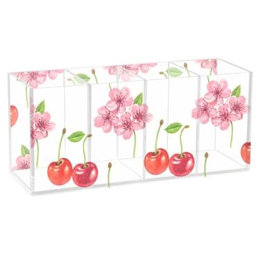 Imagem de Burbuja Porta-canetas de acrílico flor de cerejeira, 4 compartimentos, suporte de lápis transparente para pincéis de maquiagem fixos, acessórios de mesa de escritório em casa