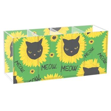 Imagem de Burbuja Porta-canetas de acrílico com cabeça de gato preto, girassol, 4 compartimentos, suporte de lápis transparente para pincéis de maquiagem, acessórios de mesa de escritório em casa