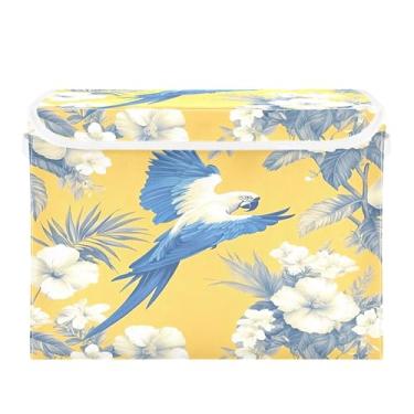 Imagem de Burbuja Caixa de armazenamento de papagaio de arara azul tropical com tampa e alças, grande caixa de armazenamento dobrável para prateleiras armário quarto escritório organizador