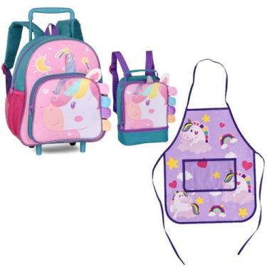 Imagem de Kit Mochila Rodas Lancheira Avental Infantil Unicórnio - Clio, Verde
