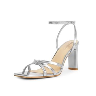 Imagem de Modatope Sandálias femininas quadradas, bico aberto, salto alto grosso, tiras no tornozelo, sandálias confortáveis para festas sociais, Três prata, 37