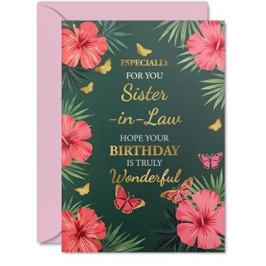 Imagem de Giftzie Cartão de aniversário Gold Sister in Law - Borboletas e flores - Cartão de feliz aniversário para cunhada do irmão irmão, A5 Golden Butterflies & Flowers Bday Cartões comemorativos