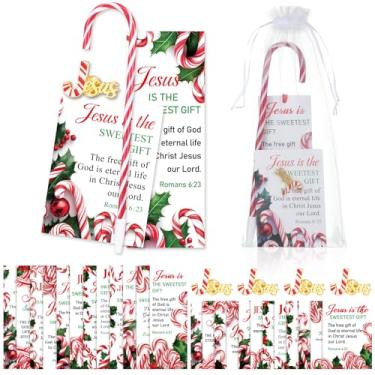 Imagem de Glenmal Conjunto de 12 / 72 peças Jesus is the sweetest Gift Christmas Bookmarks com alfinete, cartão de oração, canetas de bengala doce, lembrancinha de festa de Natal, presente religioso para a