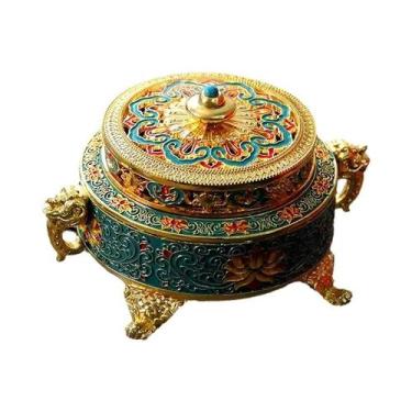 Imagem de Incensário De Liga De Cobre Antigo Com Placa De Templo Pintada Em Esma