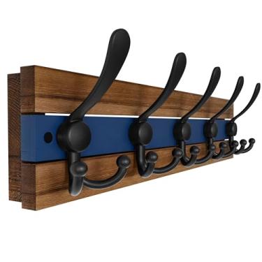 Imagem de SKOLOO Cabide rústico montado na parede – Ganchos longos de 41 cm para parede com 5 ganchos triplos para pendurar casacos, chapéus ou ferramentas, coleção Western National Parks, marrom e azul