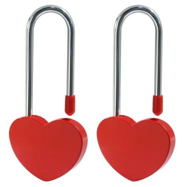 Imagem de BokWin Pacote com 2 cadeados de coração de 3,5 polegadas 50 mm cadeado de coração vermelho em forma de coração para casais casamento romântico dia dos namorados aniversário viagem ponte presente sem