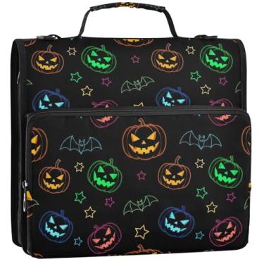 Imagem de Lanternas coloridas neon pretas para fichários de 3,8 cm, 3 anéis, fichário com zíper, fichário organizador com alça, bolsa escolar grande, vários bolsos, pasta grande, 34,5 x 31,5 x 9 cm