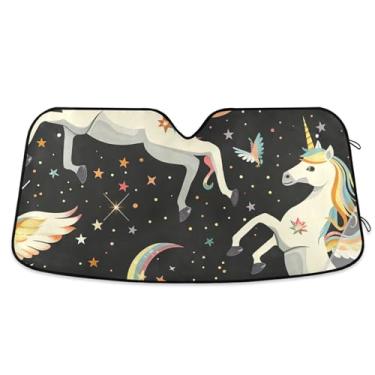 Imagem de Toldo de sol bonito unicórnio preto personalizado para para-brisa de carro engraçado retrátil dobrável caminhão carro persianas para janelas dianteiras automotivas L, 144,8 cm x 80 cm