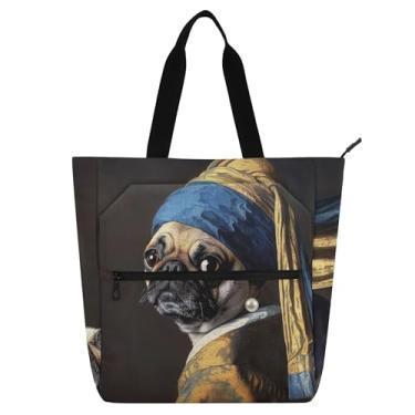 Imagem de GAIGEO Sacola feminina divertida para trabalho de cachorro Pug com brinco de pérola, bolsa de mão média com compartimentos