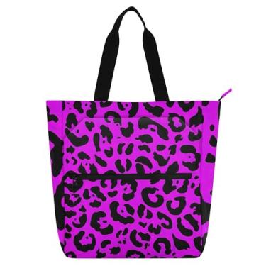 Imagem de GAIGEO Bolsa de trabalho roxa com estampa de leopardo rosa para mulheres, bolsa de lona com zíper, bolsa de praia para professores com compartimentos