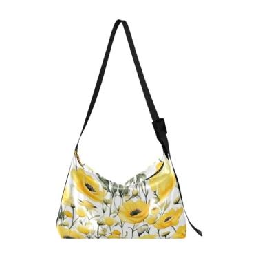 Imagem de Bolsa de ombro feminina Hobo floral amarela com papoulas brancas, bolsa transversal de couro, bolsa transversal de couro, Floral amarelo com papoulas brancas-1, One Size