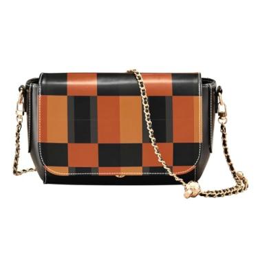Imagem de GAIGEO Bolsa tiracolo de couro leve em aquarela rosa e branca, bolsas transversais médias para mulheres, Xadrez com preto e laranja-2, One Size