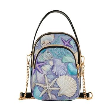 Imagem de GAIGEO Bolsa tiracolo de vaca, bolsa tiracolo feminina, transversal para mulheres, moderna, Conchas e estrelas do mar em azul e cinza - 2, One Size