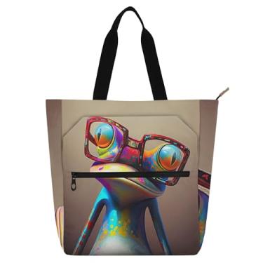 Imagem de GAIGEO Bolsa feminina colorida de sapo para trabalho, lona, escola, bolsa com zíper, bolsa de professor com compartimentos