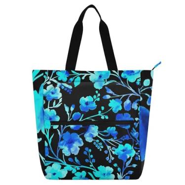Imagem de GAIGEO Sacola feminina azul turquesa com folhas de flores em aquarela para trabalho com zíper bolsa de praia linda bolsa infantil com compartimentos