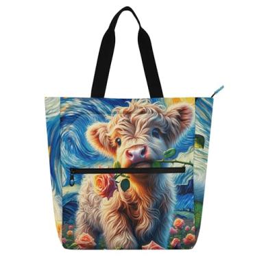 Imagem de Sacola feminina Starry Night Highland com flor de vaca para trabalho com zíper, bolsas para professores, presente para amantes de livros