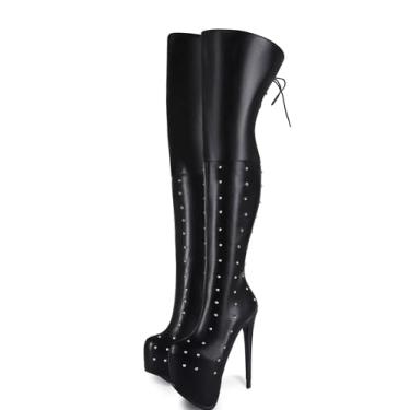 Imagem de Frankie Hsu Botas longas de salto alto feitas à mão com plataforma stiletto sexy acima do joelho, rebites vermelhos e pretos com cadarço na coxa, grande, tamanho 34-50, para mulheres e homens, Preto