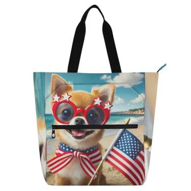 Imagem de Linda bolsa de trabalho feminina chihuahua cachorro EUA bolsa de lona com zíper bolsa de praia utilitária bolsas infantis amantes de livros presentes