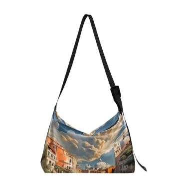 Imagem de Bolsa Hobo de Flores Grandes Pintadas com Zíper, Bolsas de Ombro Femininas, Bolsa Transversal Vegana, Edifícios e casas em água-3, One Size
