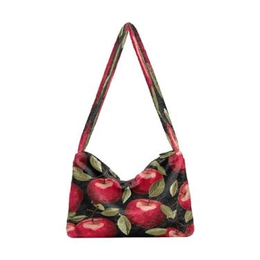 Imagem de Bolsa axila de pelúcia melancia aquarela, sacola com fecho de zíper, bolsa feminina para uso ao ar livre, Frutas de maçã vermelha - 5, One Size