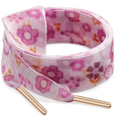 Imagem de WEGOODZF Cadarços de fio de neve estampados: 2 pares de cadarços de sapato de organza transparente de 2,5 cm de largura, 21 Flor de cerejeira rosa branca, 47 inch (120CM)