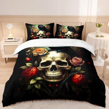 Imagem de AILONEN Conjunto de capa de edredom de caveira gótica, jogo de cama de corvo preto, tamanho solteiro, estilo boêmio, capa de edredom de esqueleto ósseo, 3 peças, 1 capa de colcha + 2 fronhas, macia e