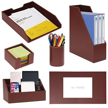 Imagem de Conjunto de 6 peças de material de escritório/organizador de mesa com bloco de couro para escrivaninha, bandeja de papel para arquivo, suporte para pasta de revistas, copo de caneta, suporte de