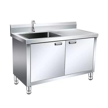 Imagem de Grande espaço de armazenamento para pia independente comercial, com pia de aço inoxidável para armário, com bancada e torneira, para lavanderia de restaurante interno ao ar livre (120 cm/47,2 pol.)