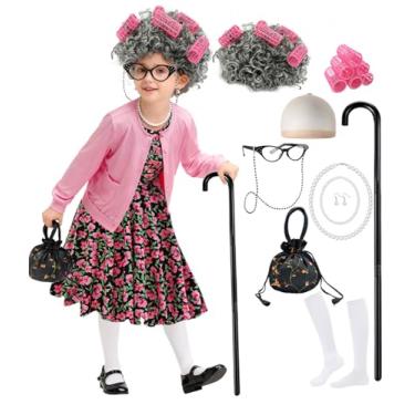 Imagem de CCJRLM Fantasia de senhora para crianças 100 dias de escola, fantasia para meninas, 100º dia de escola, roupa de avó, Preto, 8-9 Years