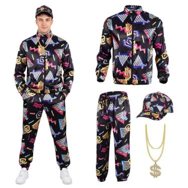 Imagem de Xerteam Fantasia masculina anos 80 anos 90 com acessórios, roupa de hip hop retrô dos anos 80 e 90 para adultos, conjunto de vestido chique com 1 camisa esportiva, chapéu, colar, agasalho