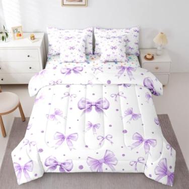 Imagem de Erosebridal Jogo de cama casal com laço roxo fofo para meninas | Jogo de cama de 7 peças com laço roxo para crianças, adolescentes, lençol de cima com elástico e gravata borboleta