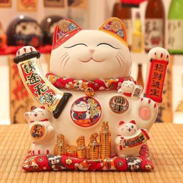 Imagem de FENNYYAR Maneki Neko branco de mão ondulada de cerâmica com gatinho, 26 cm 25,9 cm, estátua de decoração de casa de gato da sorte Amass Fortunes