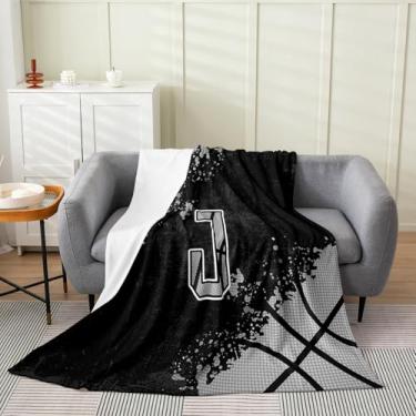 Imagem de Cobertor de lã com inicial J personalizado, solteiro, 152 x 203 cm, tema esportivo, basquete, letra, flanela, jogos, preto, cinza, felpudo para crianças, meninos, adolescentes, decoração chique com