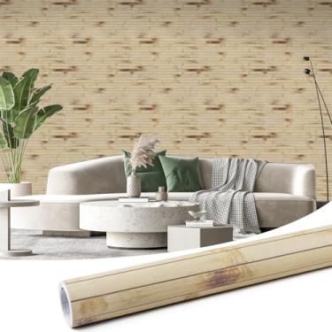 Imagem de Yun-aeon Papel de parede listrado de bambu texturizado de madeira sintética 43 x 300 cm, papel de parede removível autoadesivo para quarto, sala de estar, queimado leve