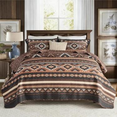 Imagem de Finlonte Conjunto de cama queen size, 100% algodão, edredom queen listrado do sudoeste, marrom preto tradicional asteca leve macio acolchoado para todas as estações, 3 peças