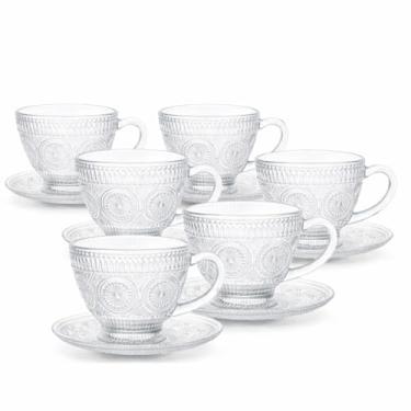 Imagem de Conjunto de Xícaras de Vidro Mandala, 6 Peças, 200ml, Decorativo com Relevo Floral, 11cm x 8.5cm, Transparente, Design Vintage (transparente, 220 ml, boehmia com Pires)